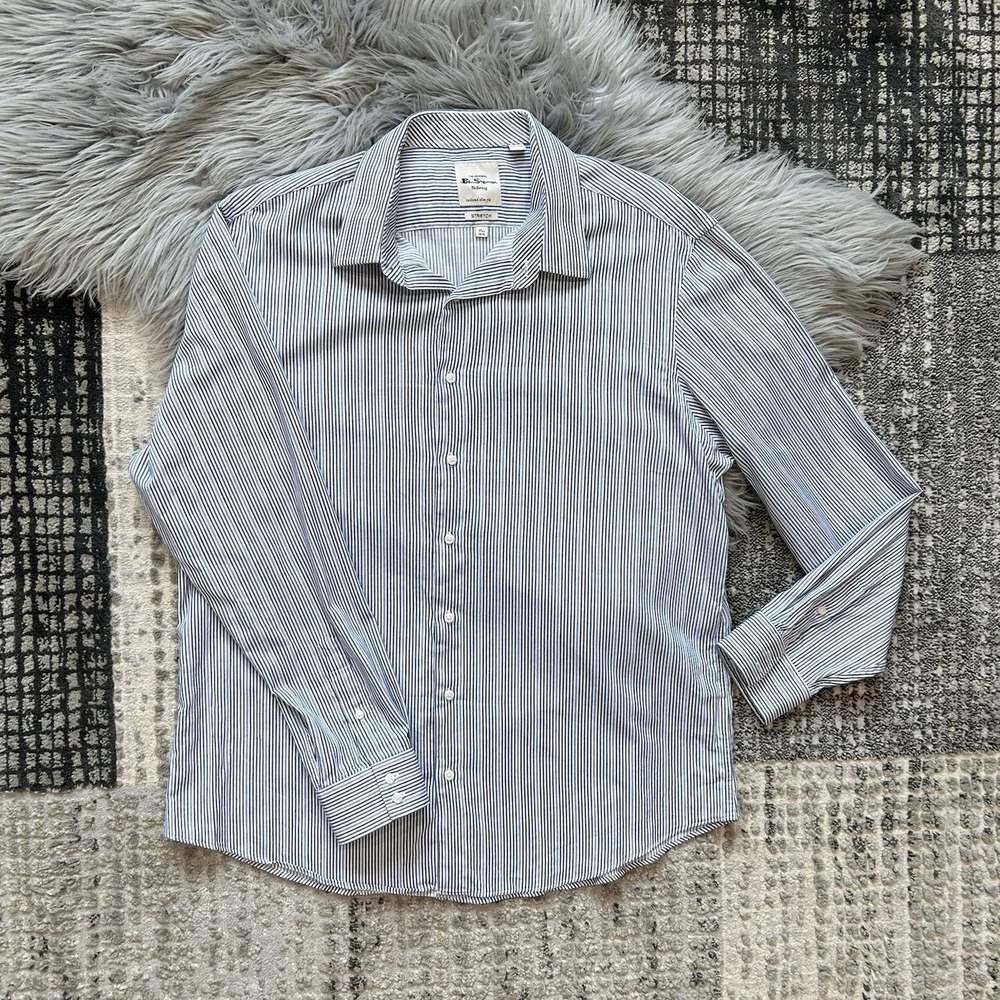 The Original Ben Sherman Blue Striped Tailored Slim Fit Stretch 17 1/2 34-35 $80